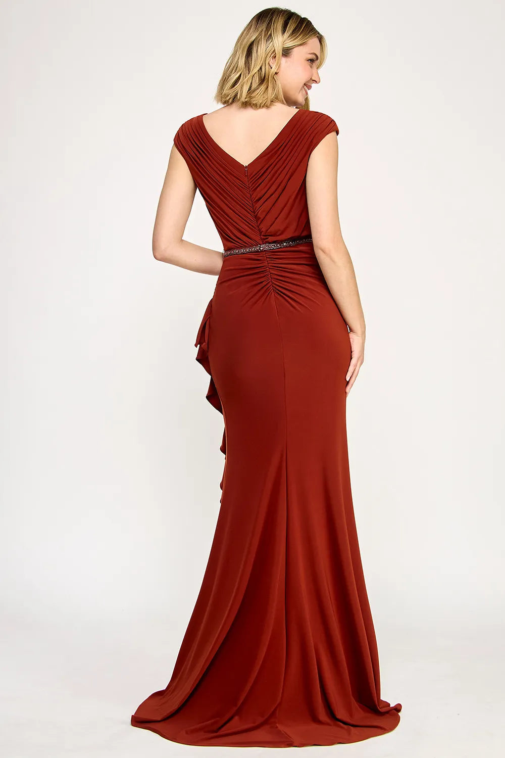Elegant Mermaid V-Neck Cap Sleeve Floor-Length Beaded Waist Ruffle Evening Gown