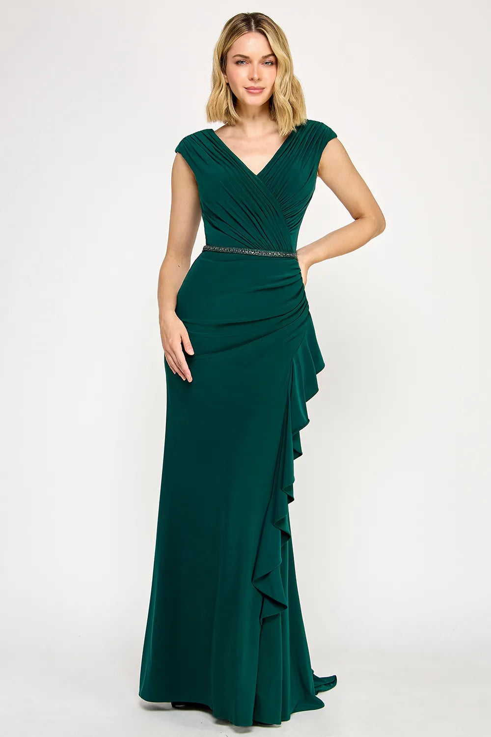 Elegant Mermaid V-Neck Cap Sleeve Floor-Length Beaded Waist Ruffle Evening Gown