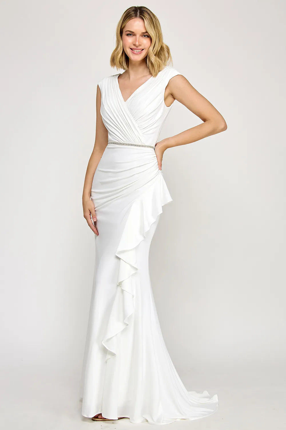 Elegant Mermaid V-Neck Cap Sleeve Floor-Length Beaded Waist Ruffle Evening Gown