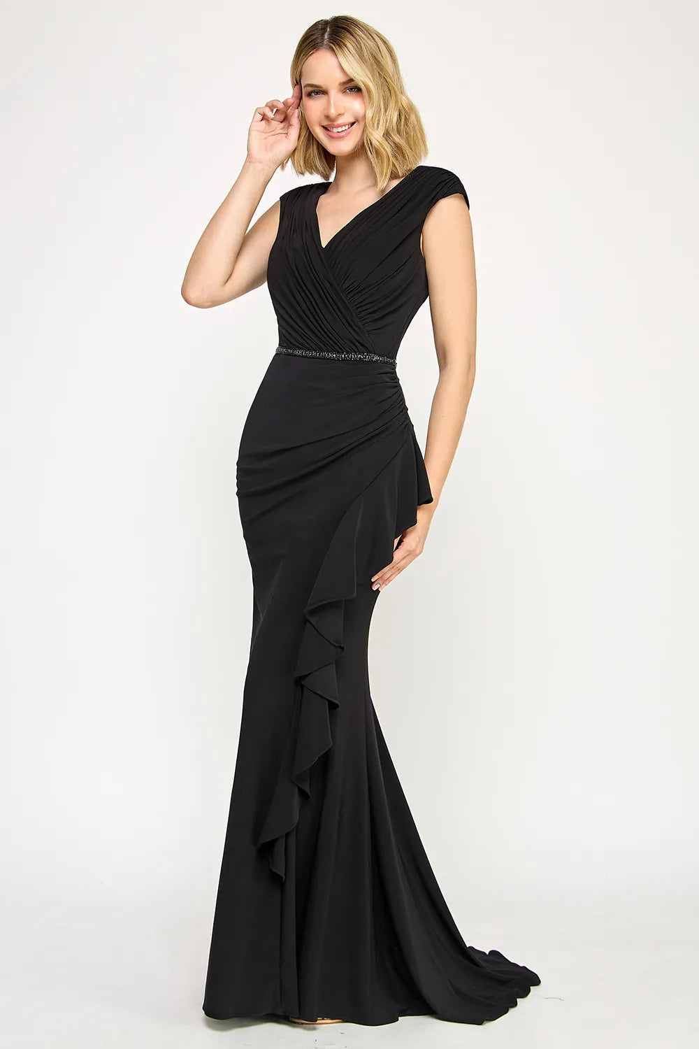 Elegant Mermaid V-Neck Cap Sleeve Floor-Length Beaded Waist Ruffle Evening Gown