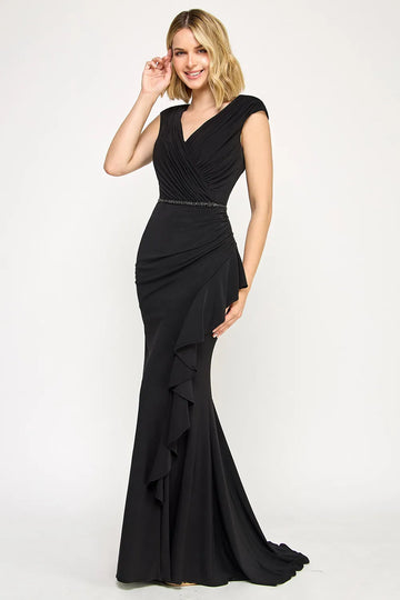 Elegant Mermaid V-Neck Cap Sleeve Floor-Length Beaded Waist Ruffle Evening Gown