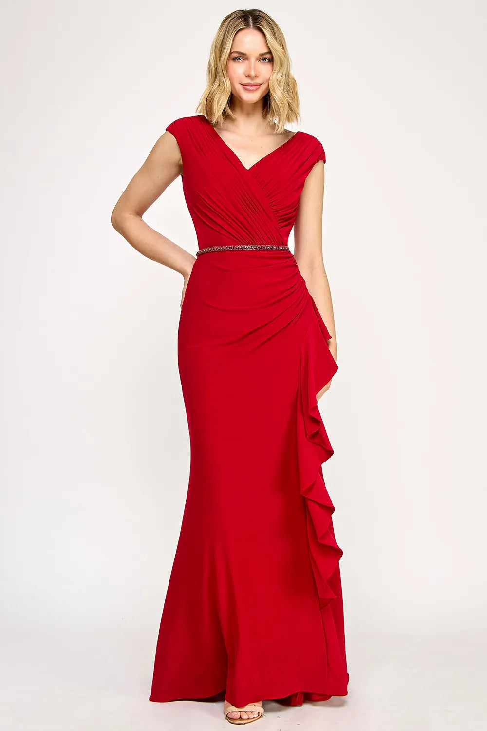 Elegant Mermaid V-Neck Cap Sleeve Floor-Length Beaded Waist Ruffle Evening Gown