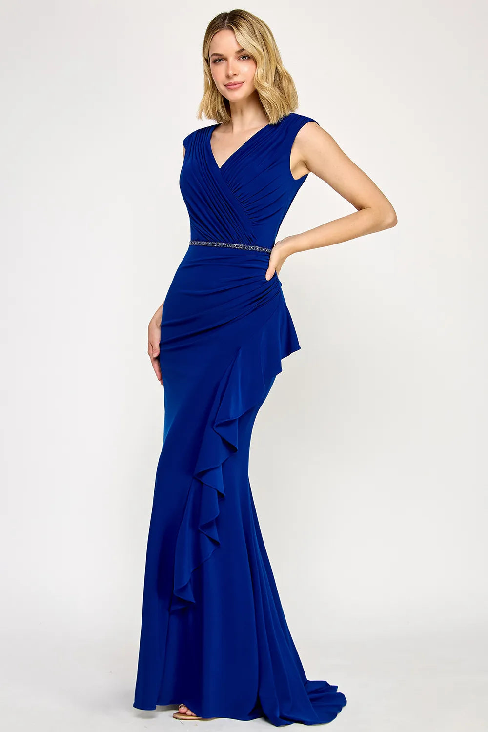 Elegant Mermaid V-Neck Cap Sleeve Floor-Length Beaded Waist Ruffle Evening Gown