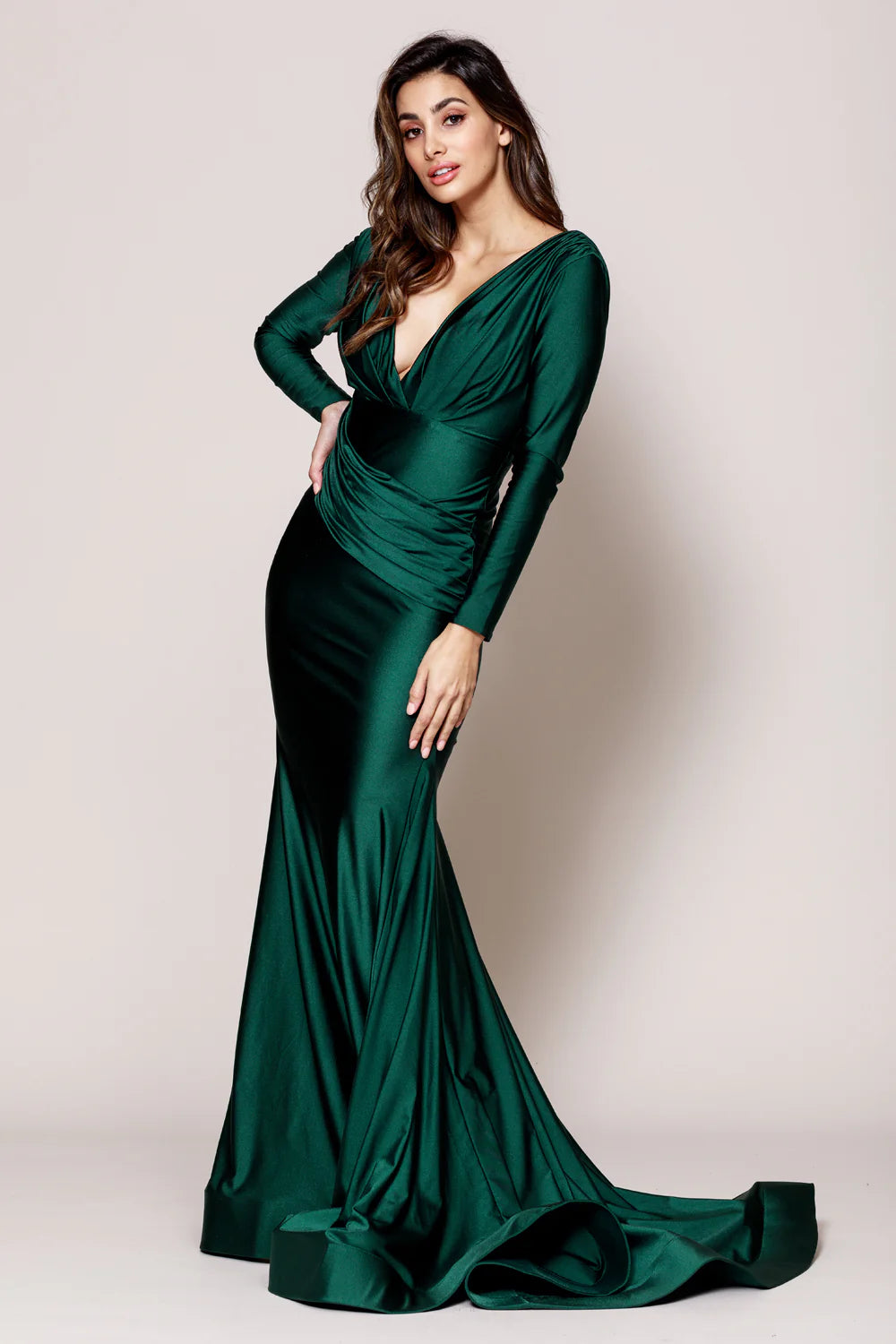 Elegant Mermaid V-Neck Long Sleeve Open Back Satin Floor-Length Ruched Waist Evening Gown