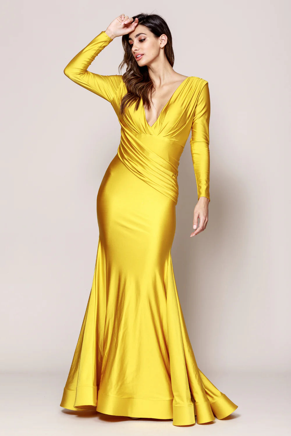 Elegant Mermaid V-Neck Long Sleeve Open Back Satin Floor-Length Ruched Waist Evening Gown