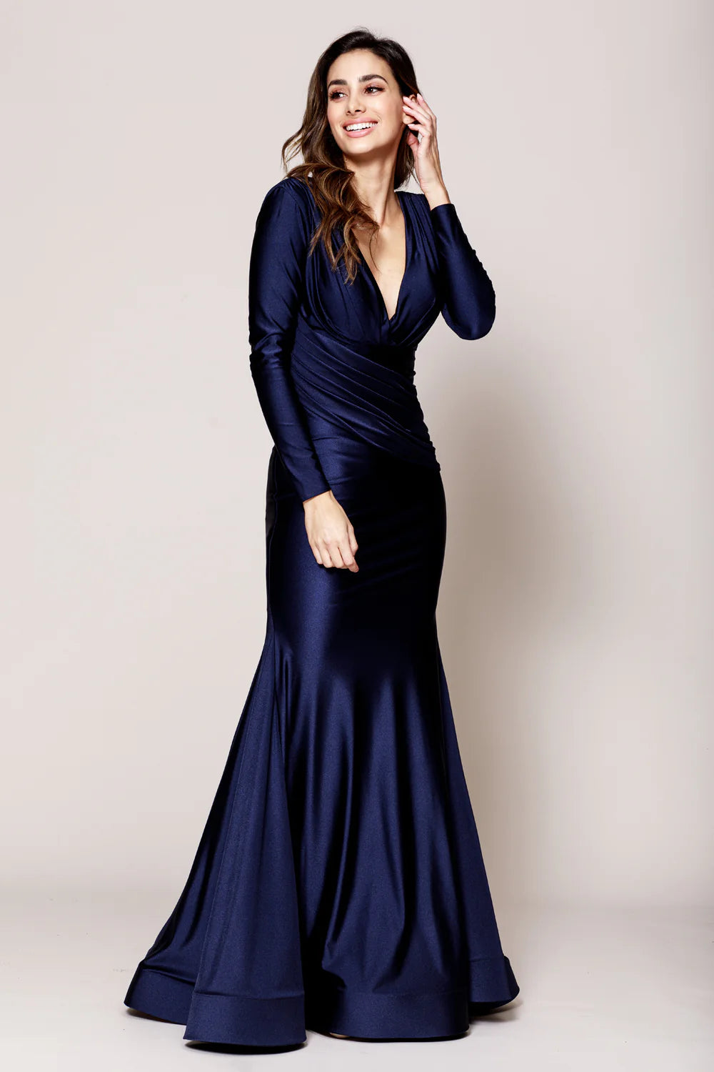 Elegant Mermaid V-Neck Long Sleeve Open Back Satin Floor-Length Ruched Waist Evening Gown