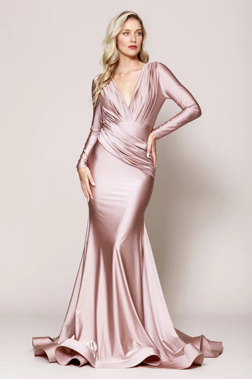 Elegant Mermaid V-Neck Long Sleeve Open Back Satin Floor-Length Ruched Waist Evening Gown