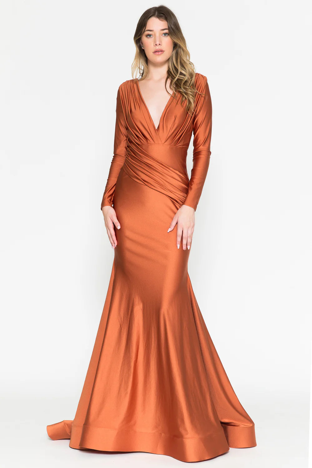 Elegant Mermaid V-Neck Long Sleeve Open Back Satin Floor-Length Ruched Waist Evening Gown