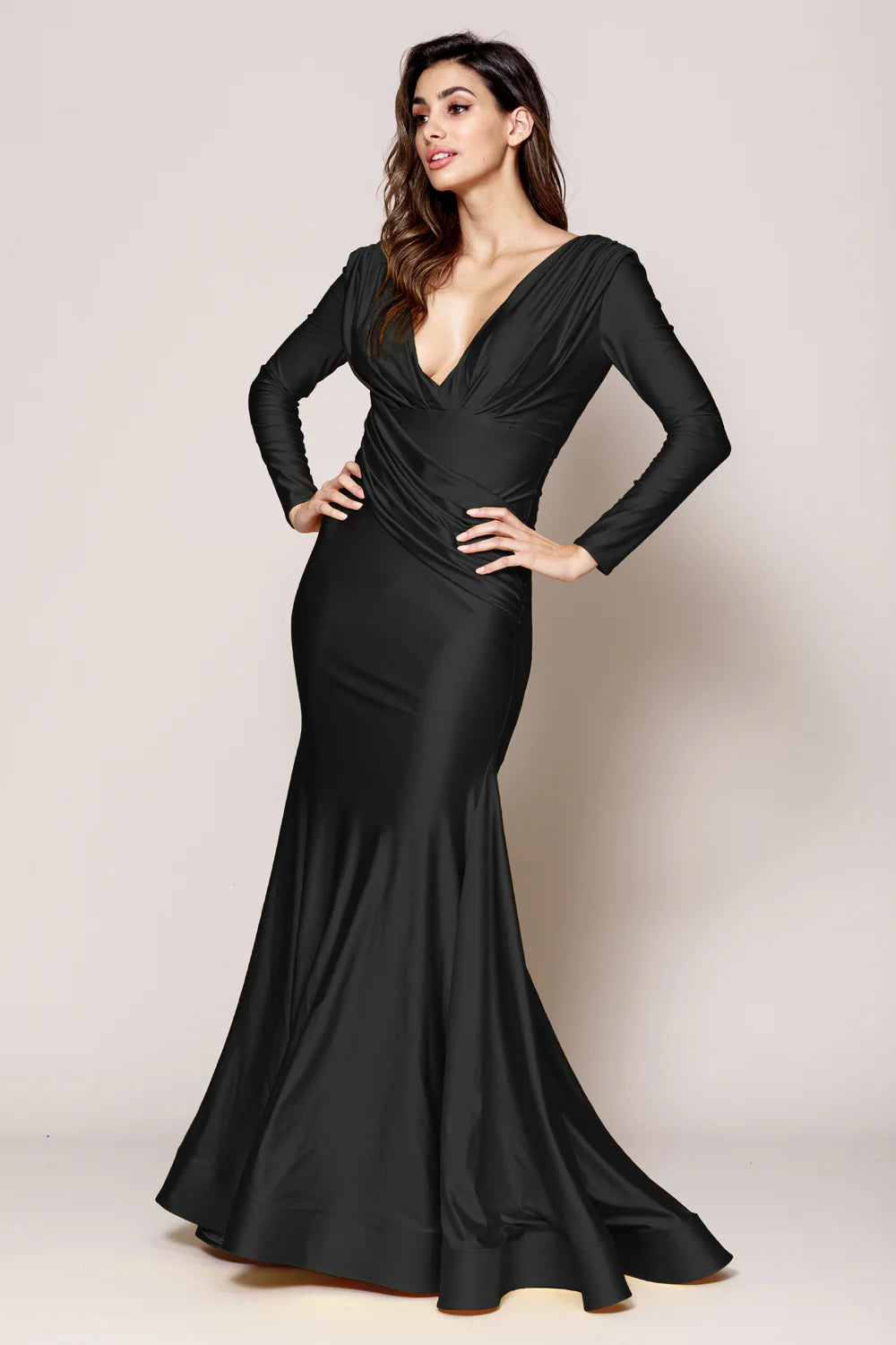 Elegant Mermaid V-Neck Long Sleeve Open Back Satin Floor-Length Ruched Waist Evening Gown