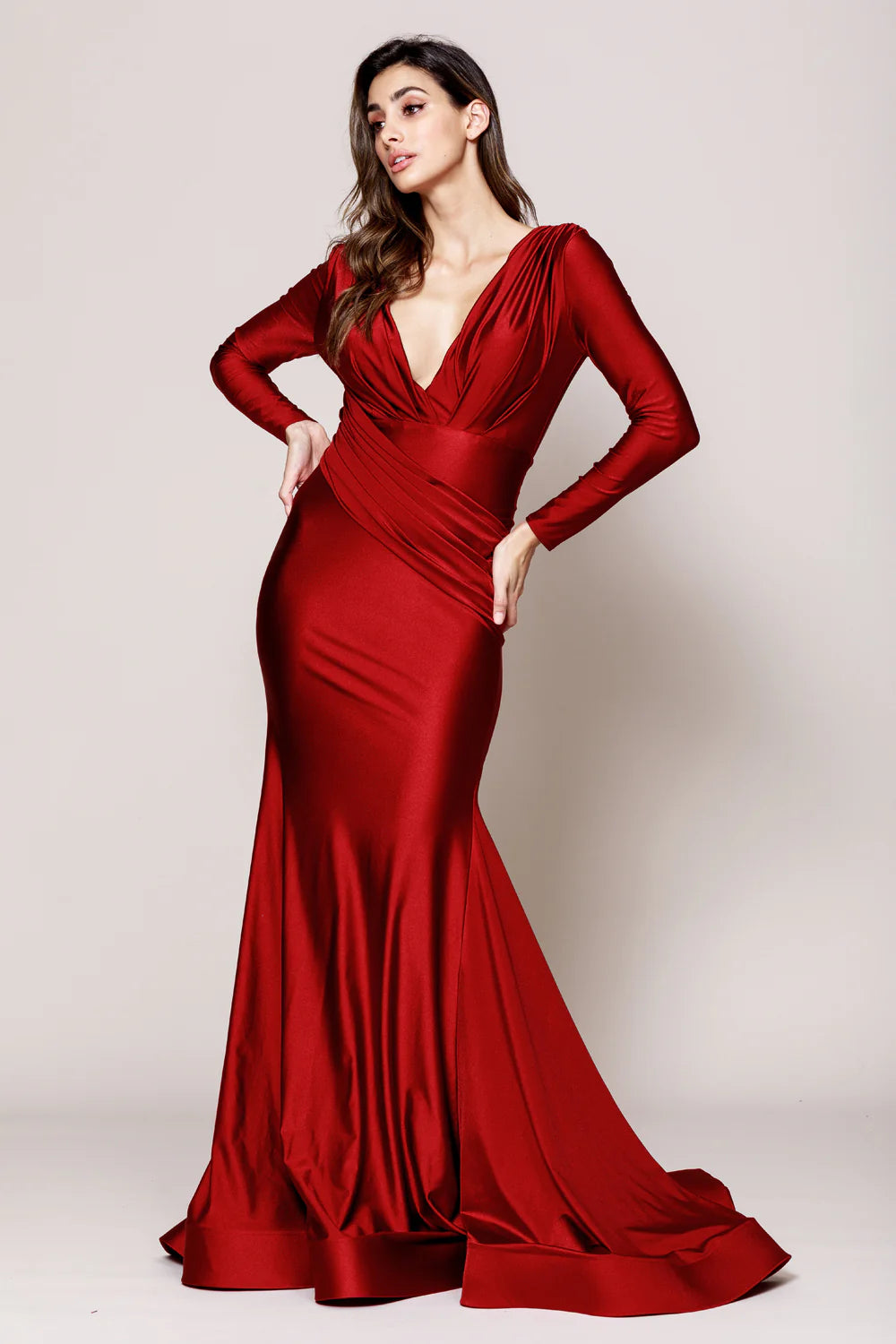 Elegant Mermaid V-Neck Long Sleeve Open Back Satin Floor-Length Ruched Waist Evening Gown