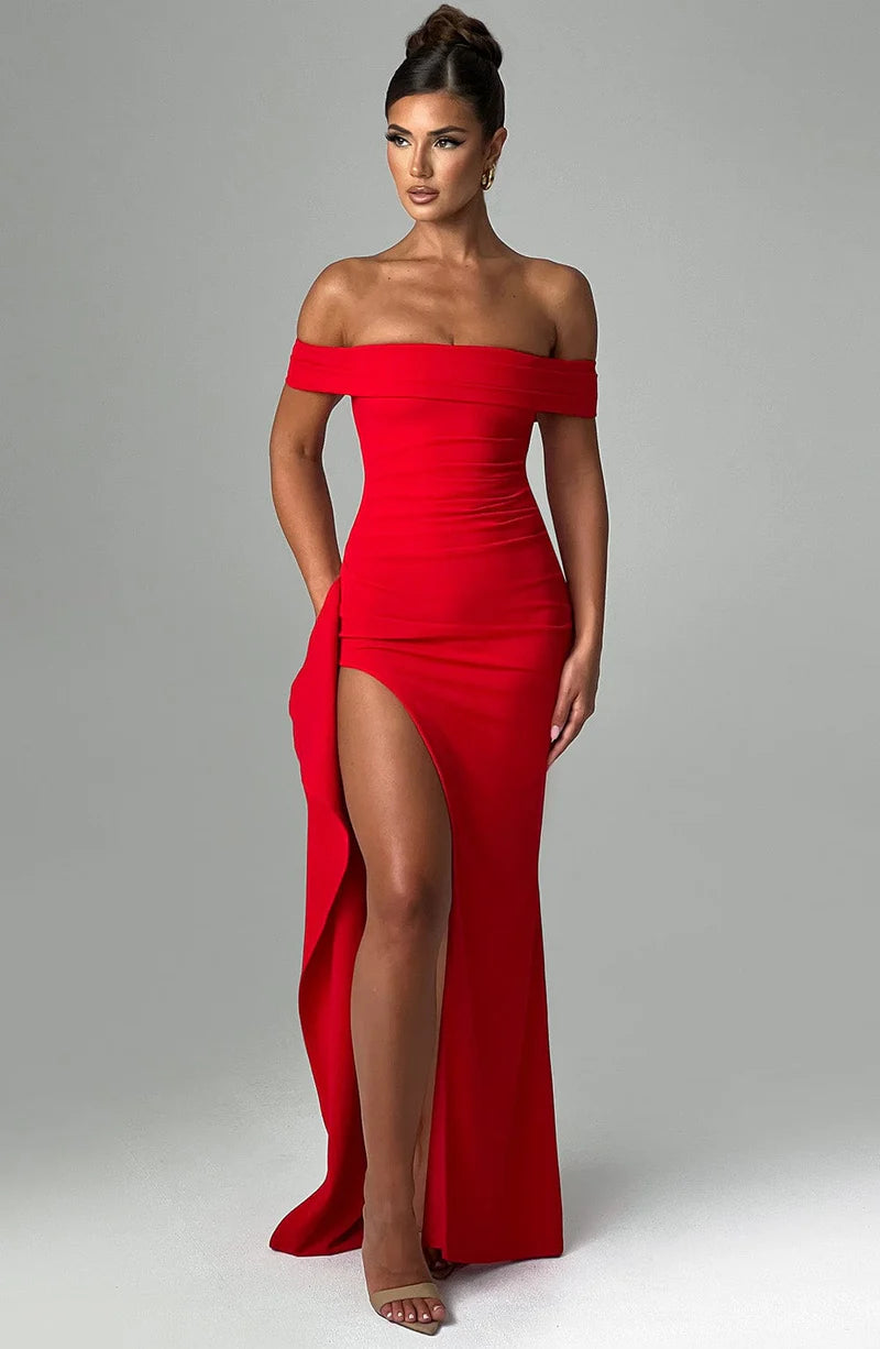 Elegant Mermaid Off Shoulder Crepe Maxi Evening Dress High Slit Gown