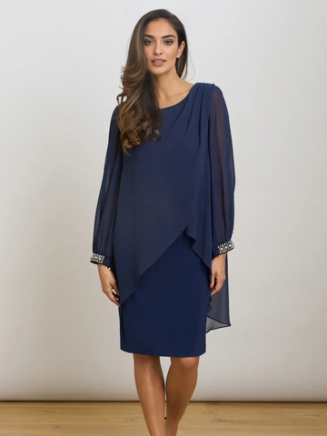 Elegant Round Neck Beaded Chiffon Knee Mother of the Bride Dress Formal Evening Gown