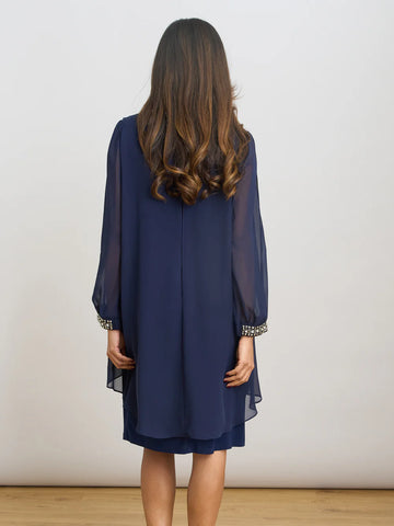 Elegant Round Neck Beaded Chiffon Knee Mother of the Bride Dress Formal Evening Gown