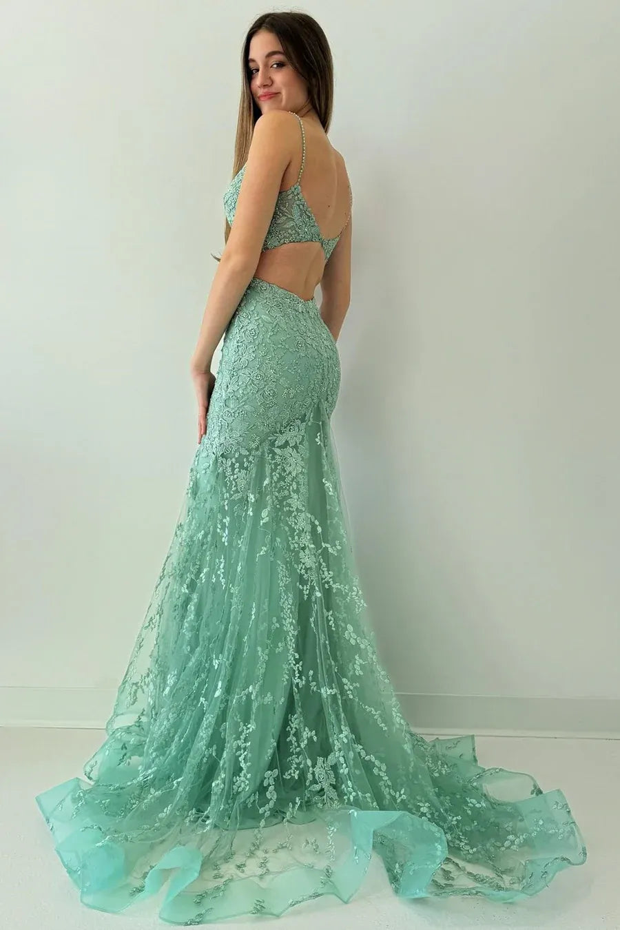 Elegant Sage Green Lace Cutout Mermaid Prom Gown
