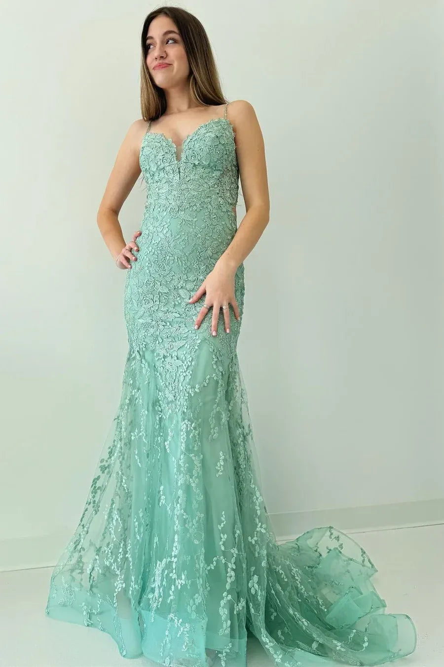 Elegant Sage Green Lace Cutout Mermaid Prom Gown