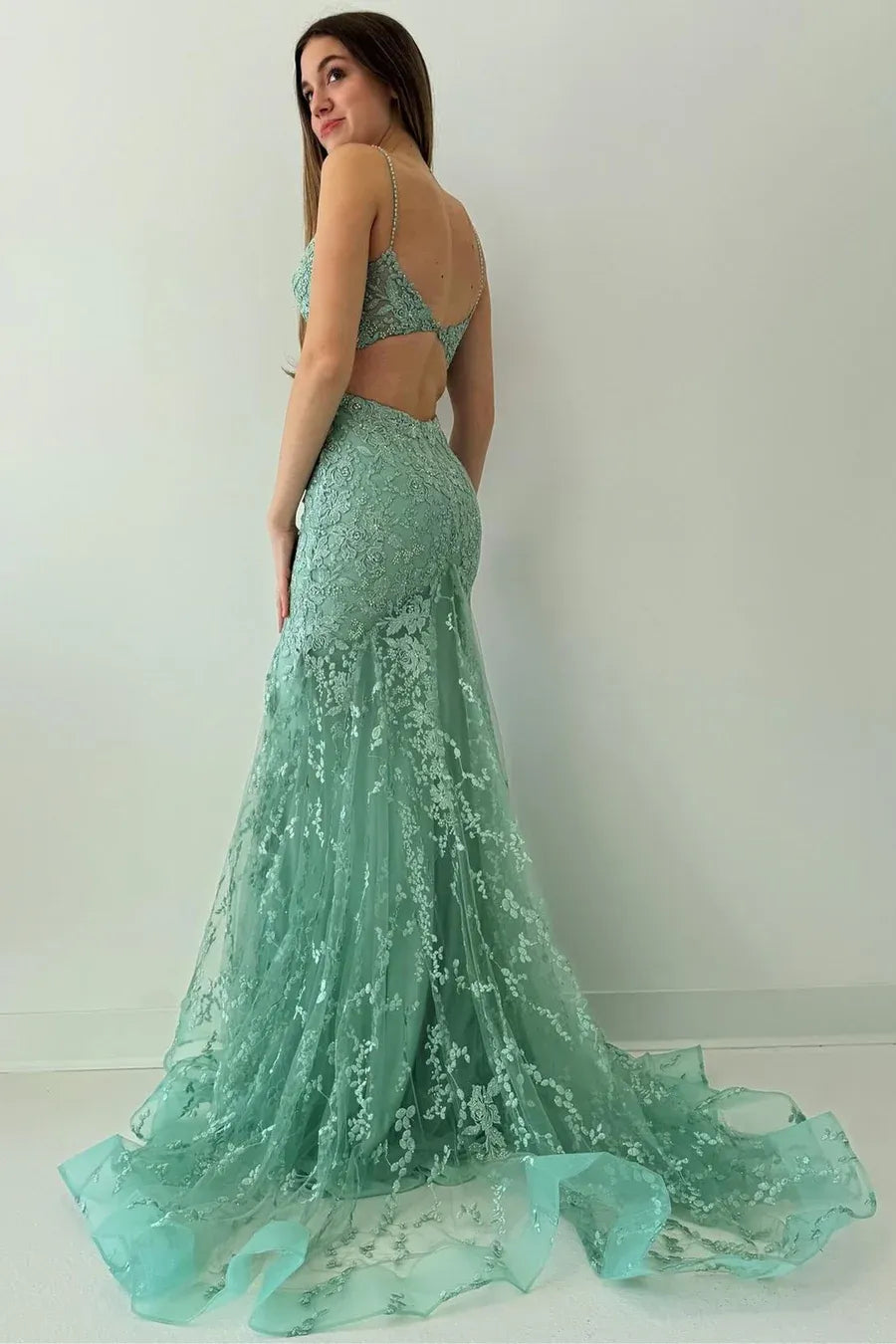 Elegant Sage Green Lace Cutout Mermaid Prom Gown