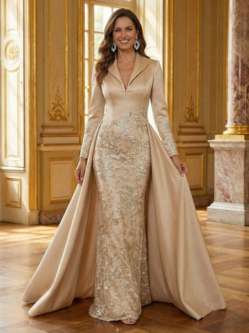 Elegant satin mermaid Mother of the Bride dress with a notched V neckline, long sleeves, ornate embroidery, and a flowing overskirt.
