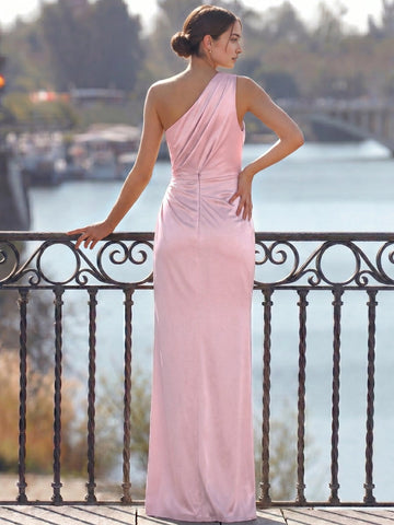 Vedress floor-length evening gown with asymmetrical shoulder design, fitted back, center seam, and elegant sheath silhouette, back view