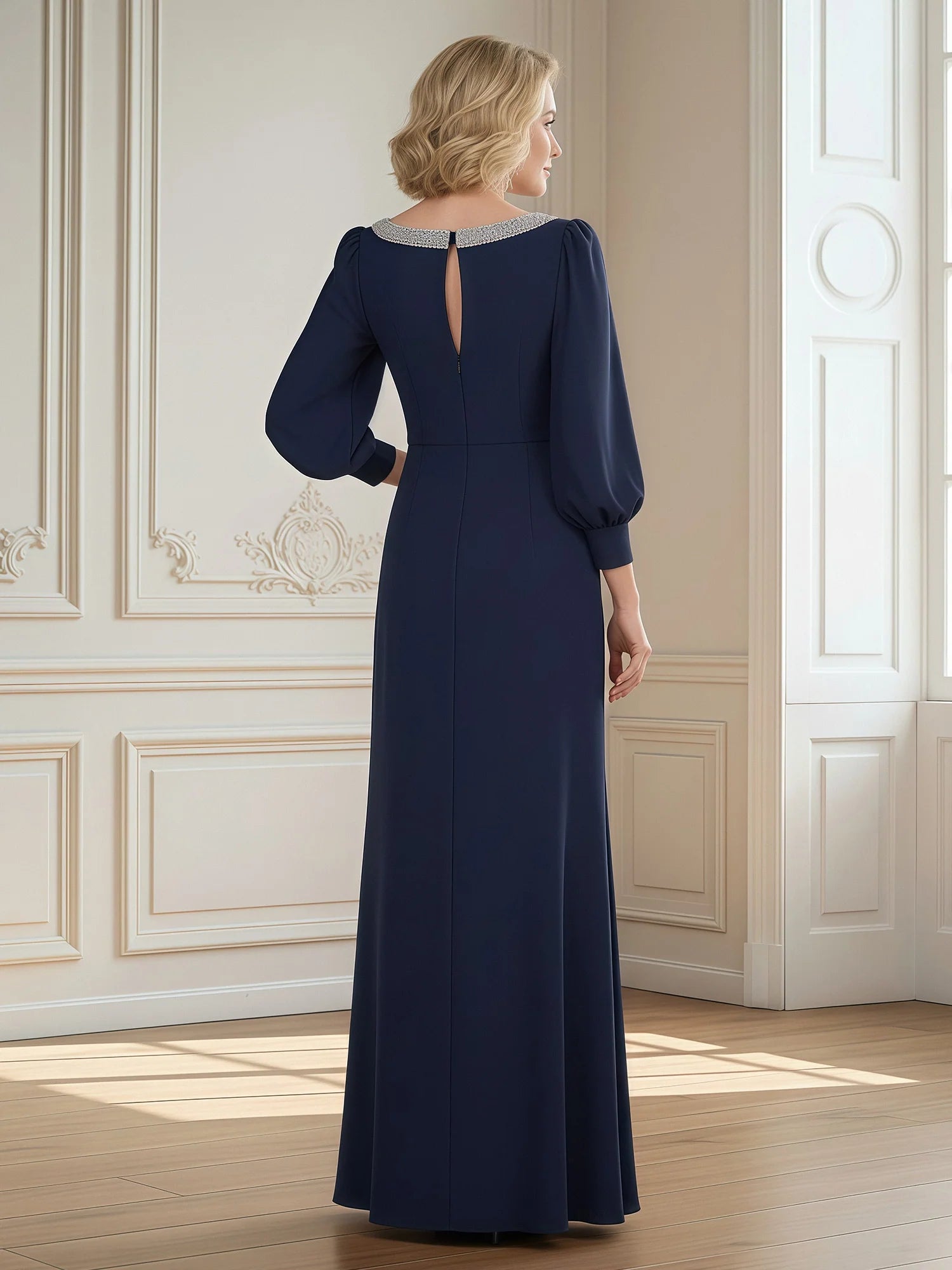 Elegant Sheath Beaded-Round-Neck Bishop-Sleeve Chiffon Floor-Length Ruffled-Slit Mother of the Bride Dress
