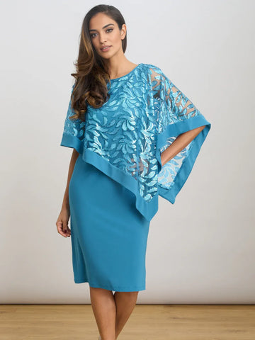 Elegant Round Neck Sequin Cape Knee Length Mother of the Bride Dress