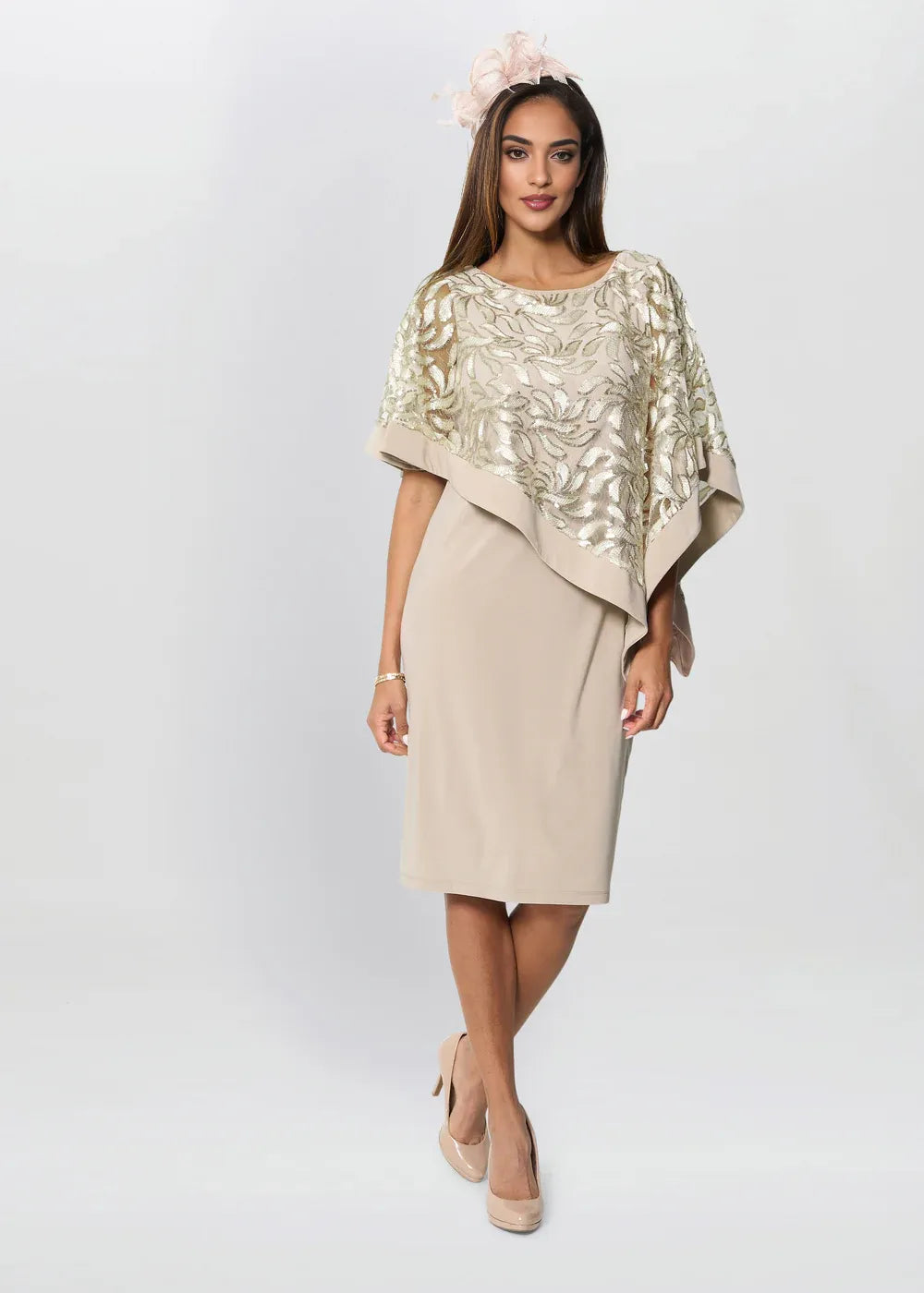 Elegant Round Neck Sequin Cape Knee Length Mother of the Bride Dress