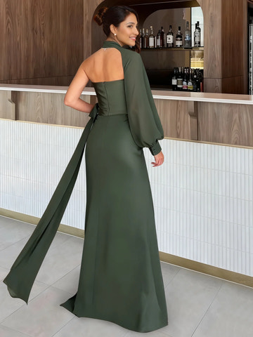 Elegant Sheath Halter Neck Convertible Sleeve Satin Chiffon Formal Evening Dress