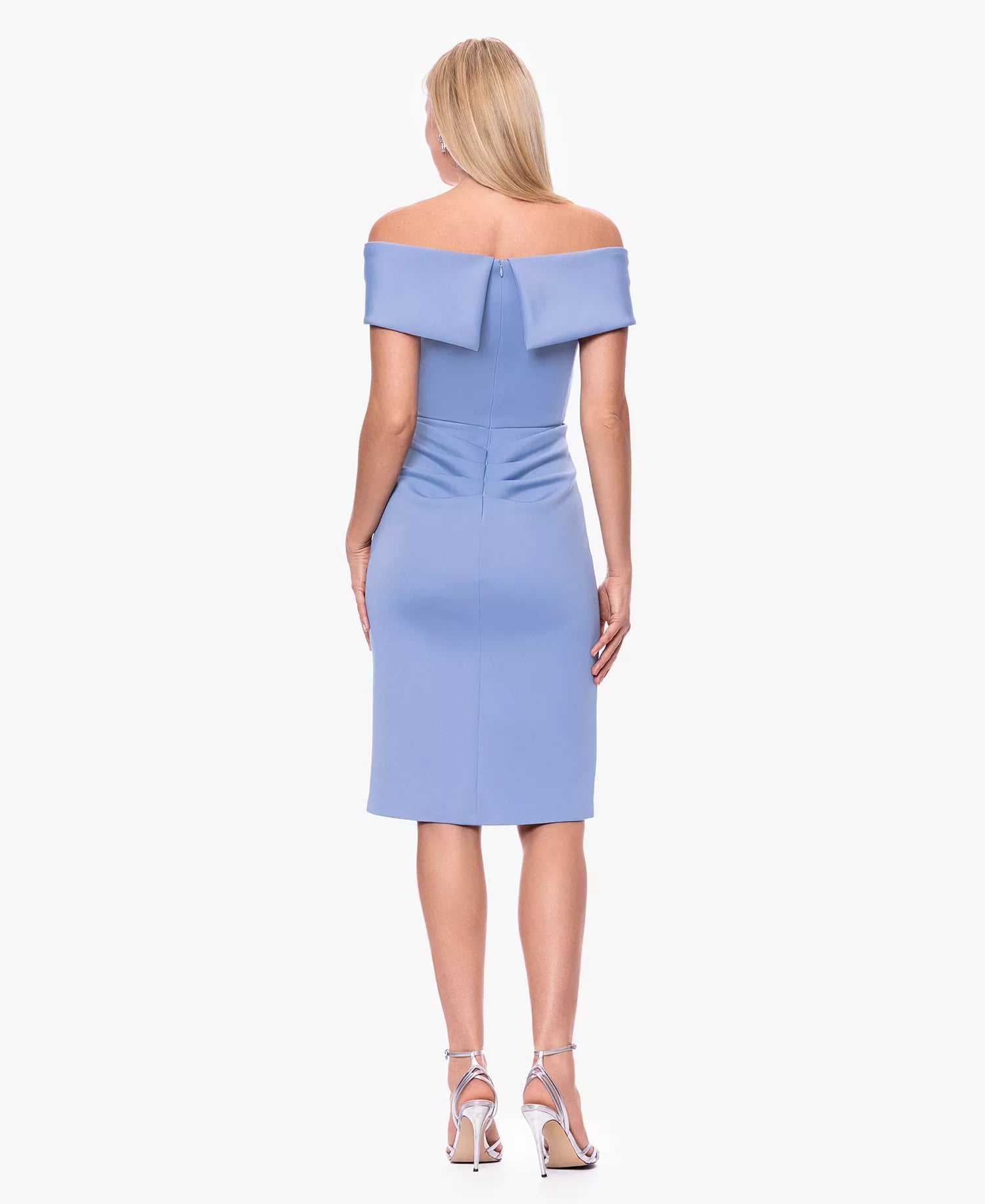 Sheath Off-the-Shoulder Short Sleeve Wedding Guest Dress Crepe Midi Cocktail Dress with Ruffle