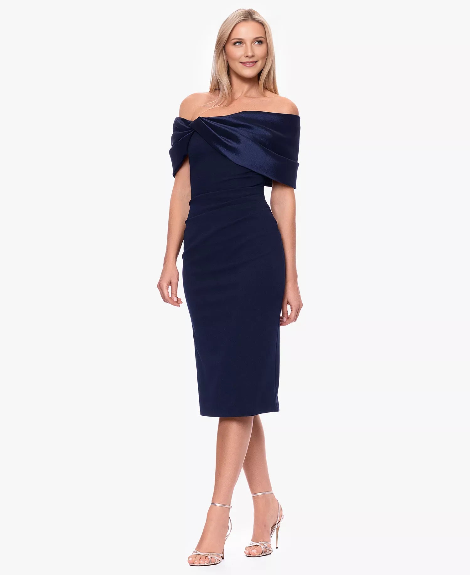 Elegant Sheath Off-the-Shoulder Short Sleeve Wedding Guest Dress Midi Cocktail Dress with Twisted