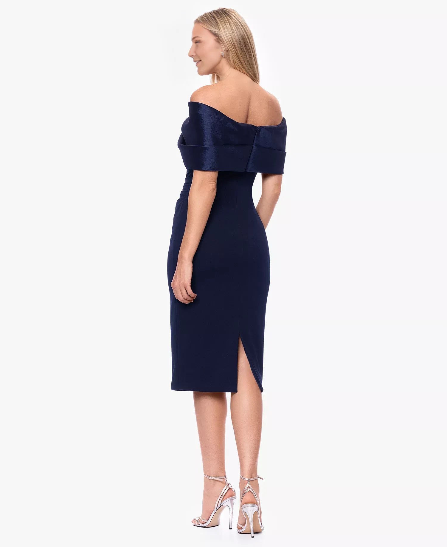 Elegant Sheath Off-the-Shoulder Short Sleeve Wedding Guest Dress Midi Cocktail Dress with Twisted
