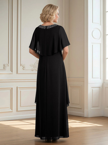 Elegant Sheath Round-Neck Cape-Sleeve Chiffon Floor-Length Beaded Mother of the Bride Dress
