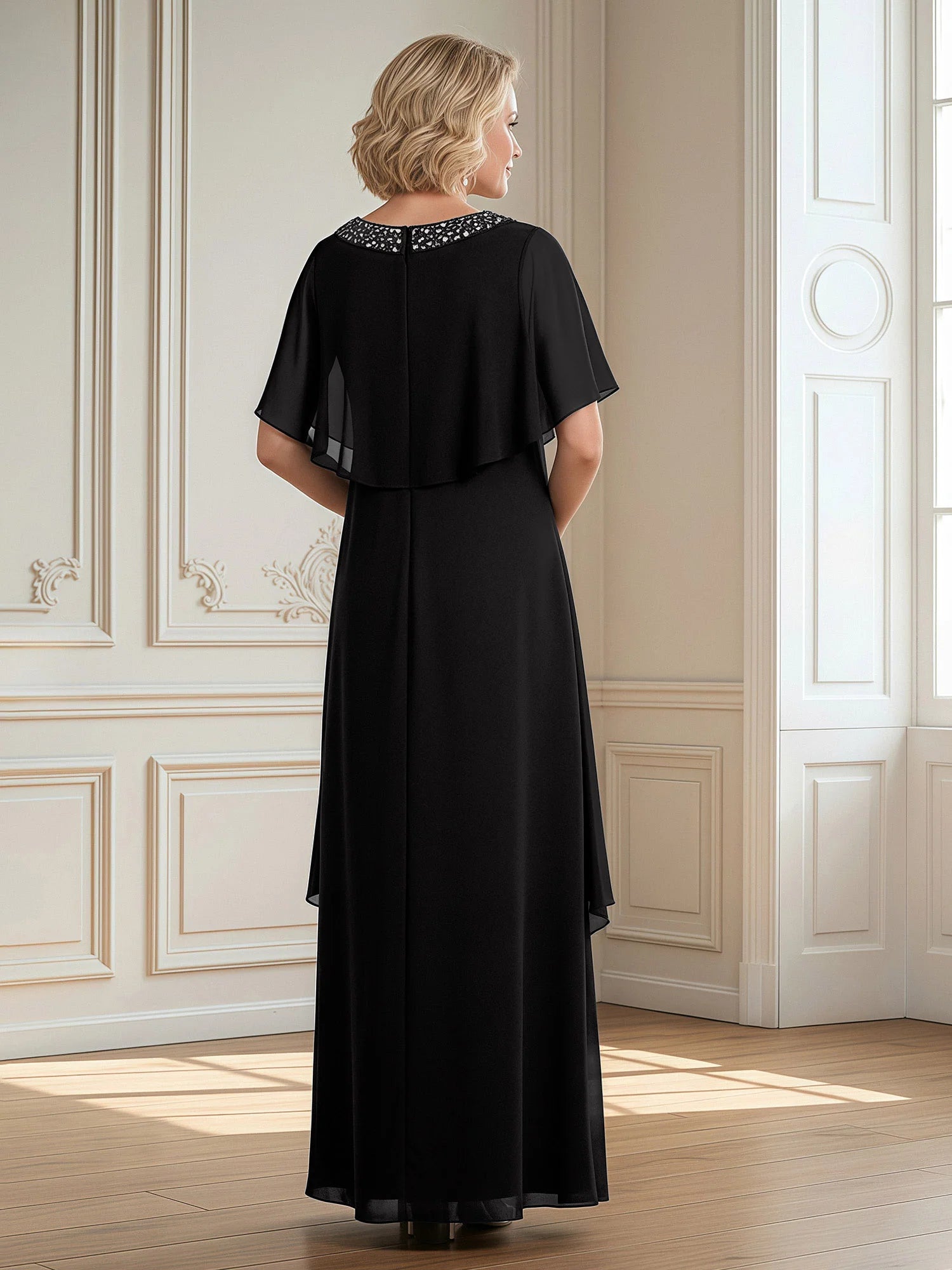 Elegant Sheath Round-Neck Cape-Sleeve Chiffon Floor-Length Beaded Mother of the Bride Dress