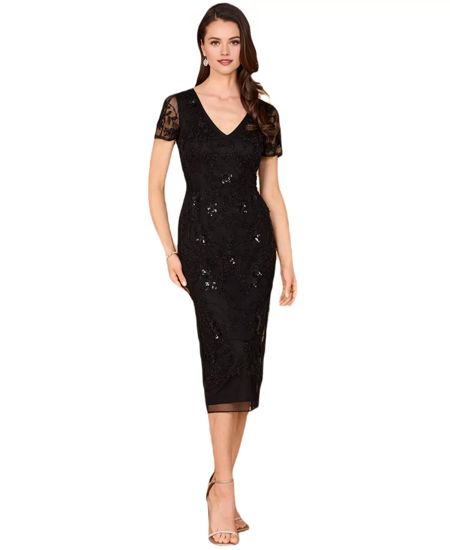 Elegante vestido de cóctel tipo tubo con cuello en V, manga corta, malla y bordado floral con cuentas