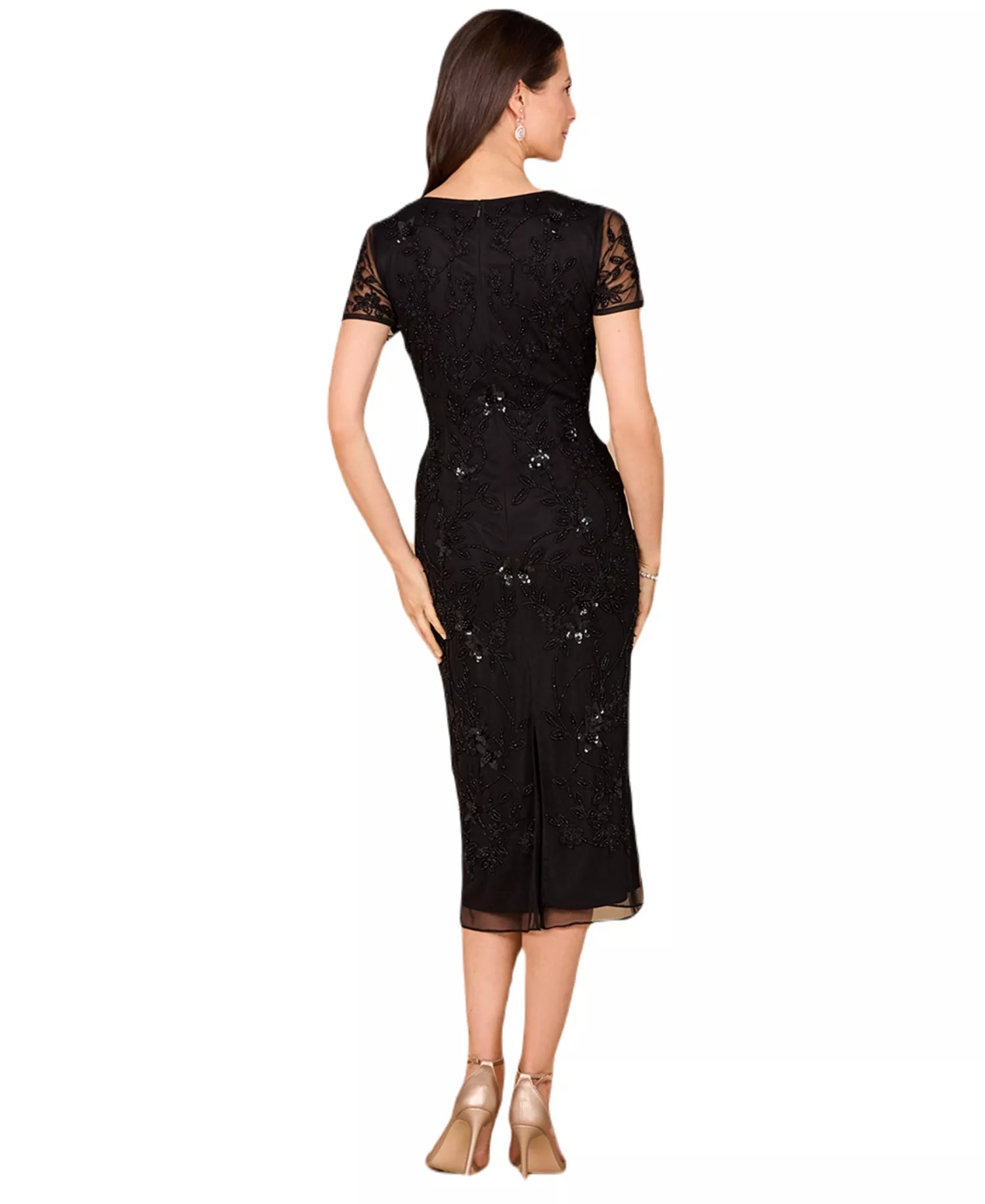 Elegante vestido de cóctel tipo tubo con cuello en V, manga corta, malla y bordado floral con cuentas