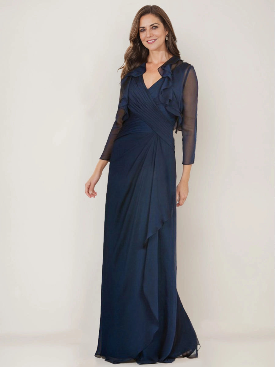 Vedress navy chiffon mother of the bride gown,v neck,detachable 3/4 sleeve bolero,draped wrap skirt