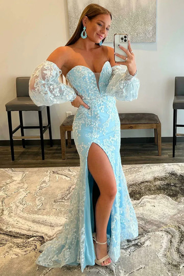Elegante vestido de fiesta sirena de encaje con hombros descubiertos, azul cielo