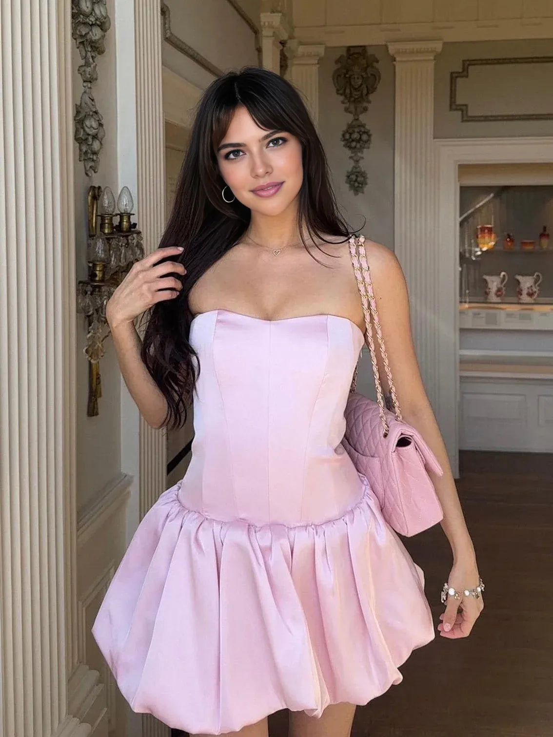 Elegant Structured Strapless Sleeveless Satin Mini Homecoming Dress Bubble Hem Party Dress