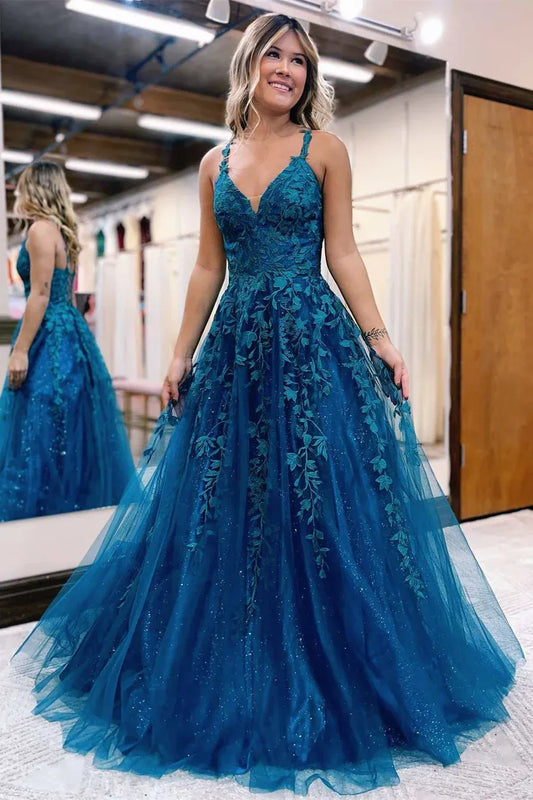 Elegant Teal Lace Tulle Ball Gown with Lace-Up Back Prom Gown