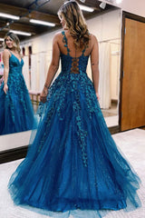 Elegant Teal Lace Tulle Ball Gown with Lace-Up Back Prom Gown