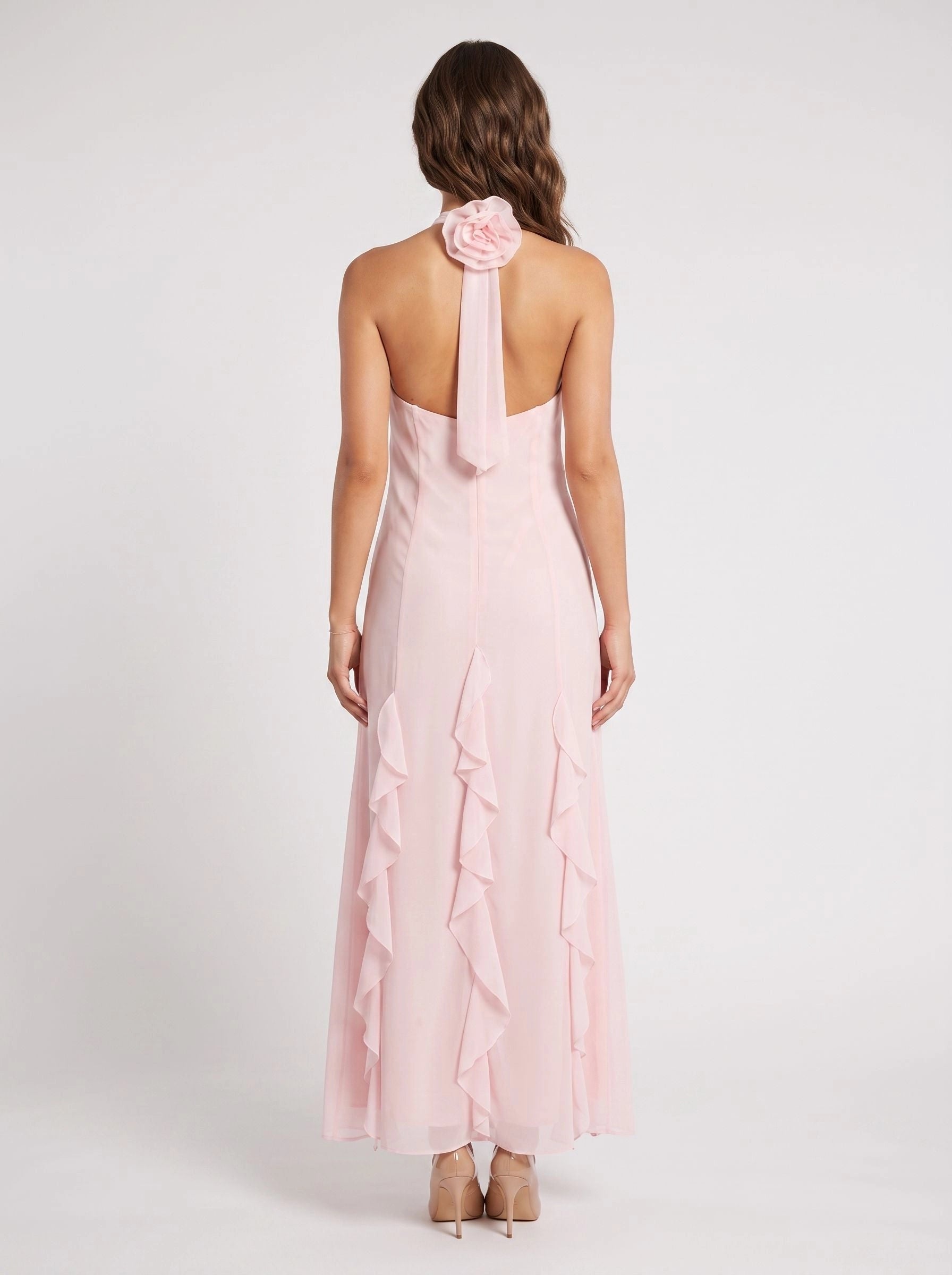 Blush pink chiffon wedding guest dress halter sleeveless 3d flower tie open back a‑line floor‑length formal gown by Vedress
