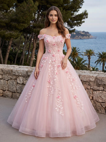 Blush pink tulle a‑line floor‑length prom dress off‑the‑shoulder 3d rose floral applique corset lace‑up back formal gown by Vedress