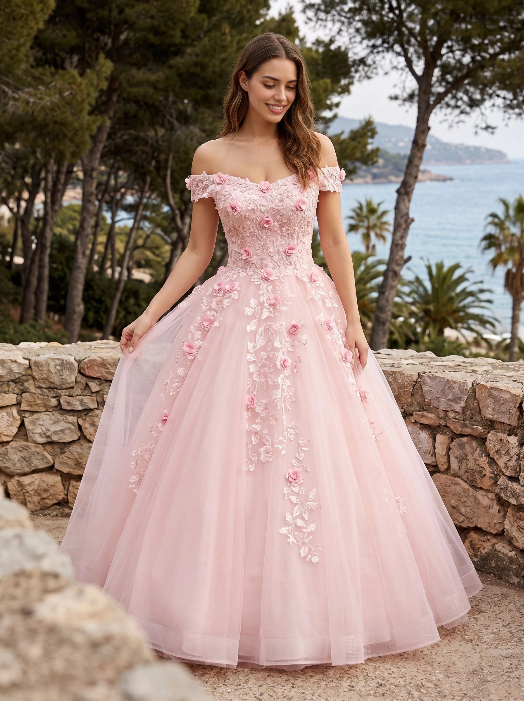 Elegant A‑Line Off‑The‑Shoulder Short‑Sleeve Lace‑Up‑Back Floor‑Length Prom Dress
