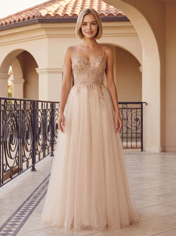 Champagne wedding guest dress spaghetti strap sweetheart lace applique sparkly tulle skirt corset lace‑up back floor‑length formal gown by Vedress