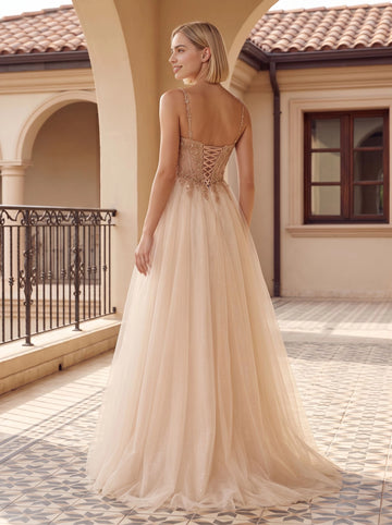 Champagne wedding guest dress spaghetti strap sweetheart lace applique sparkly tulle skirt corset lace‑up back floor‑length formal gown by Vedress