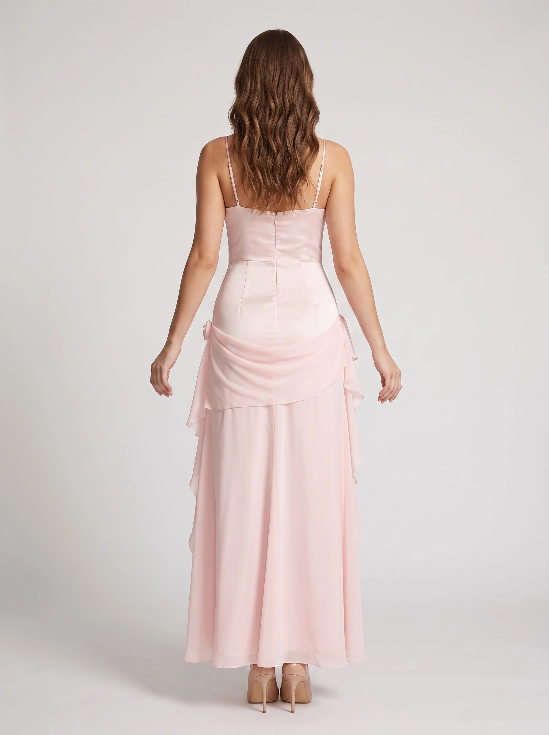 Blush pink chiffon a‑line maxi wedding guest dress v‑neck spaghetti strap draped ruffle waist zipper back formal gown by Vedress