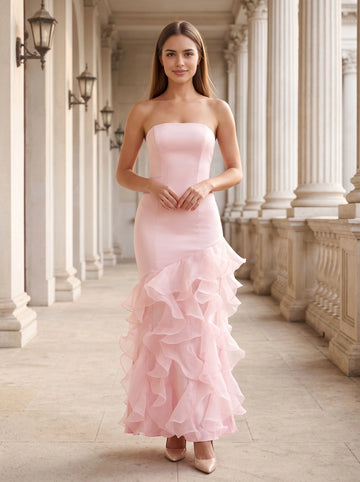 Pink strapless mermaid prom dress sleeveless layered ruffled organza skirt zipper back floor‑length formal gown by Vedress