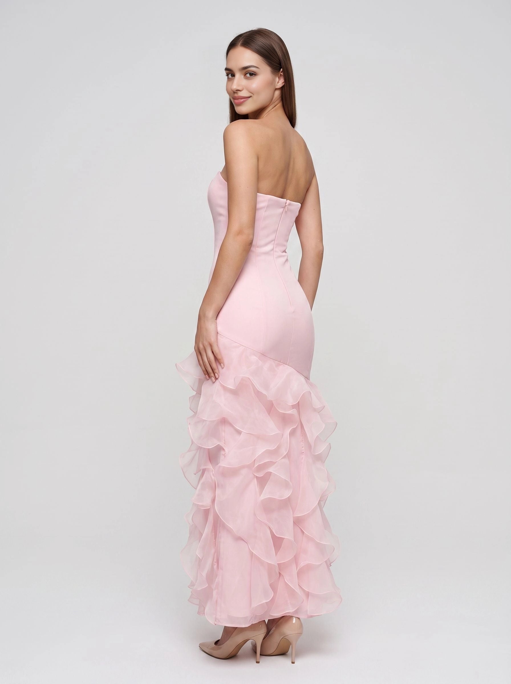 Pink strapless mermaid prom dress sleeveless layered ruffled organza skirt zipper back floor‑length formal gown by Vedress