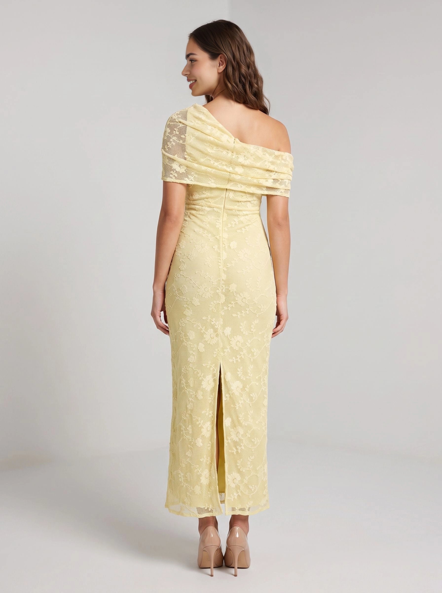 Pale yellow lace midi wedding guest dress one‑shoulder short sleeve fitted sheath back slit formal gown by Vedress