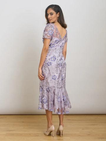 Elegant Square Neck Embroidered Mesh Midi Dress Illusion Neck Mother of the Bride Dress