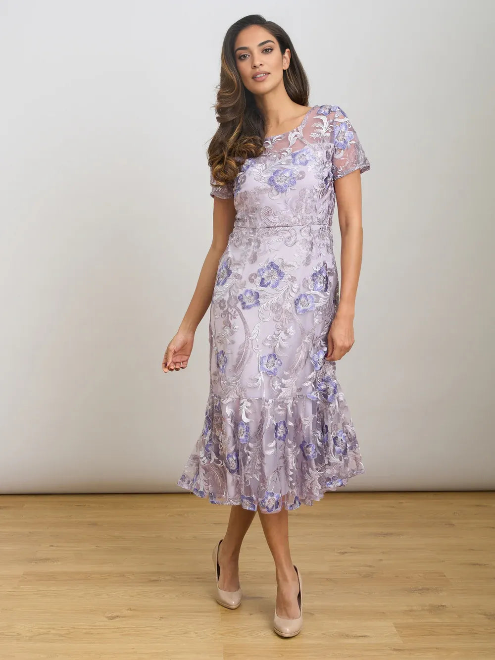 Elegant Square Neck Embroidered Mesh Midi Dress Illusion Neck Mother of the Bride Dress