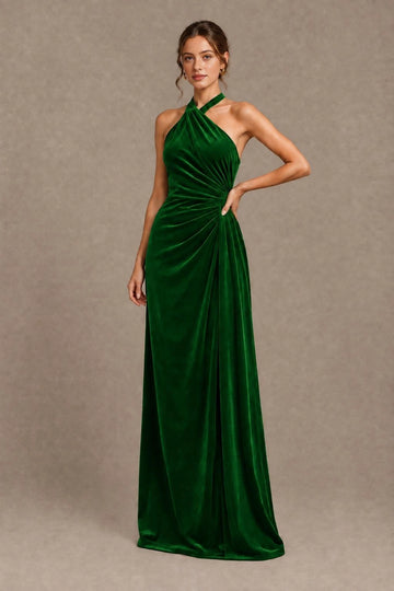 Graceful Sheath Halter Neck Sleeveless Open Back Floor-Length Bridesmaid Dress